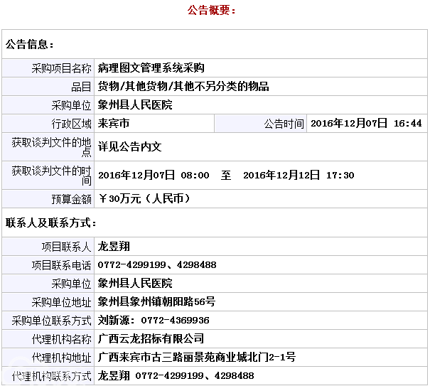 象州县人民医院病理图文管理系统采购YLLBJ20161026-XZ竞争性谈判公告